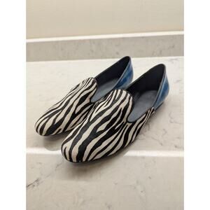 LOGO Blue Leather & Zebra Calf Hair Meryl Slip on Loafers 8.5 NEW Lori Goldstein